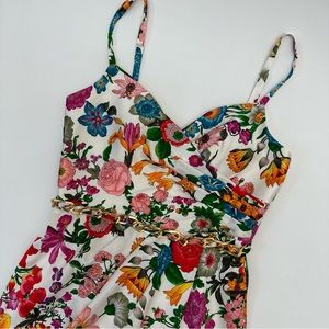 Small/ 100% Silk / Flower Printed Multicolor Midi dress with gold chain detail